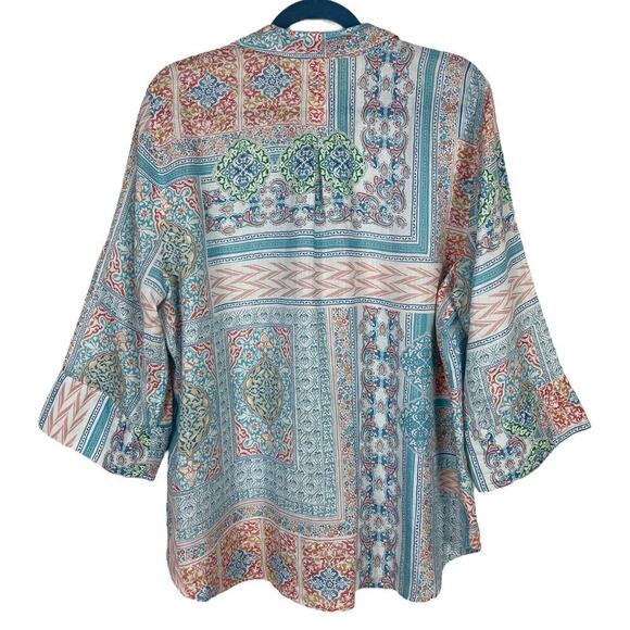Chico’s Linen Mosaic Print Button Down Top Size 3 (XL) Pastel Blue Multi Boho - Picture 6 of 11